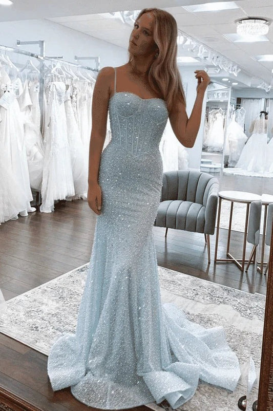 Mermaid Sky Blue Sequins Sweetheart Prom Dresses