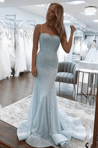 Mermaid Sweetheart Sky Blue Sequins Prom Dresses