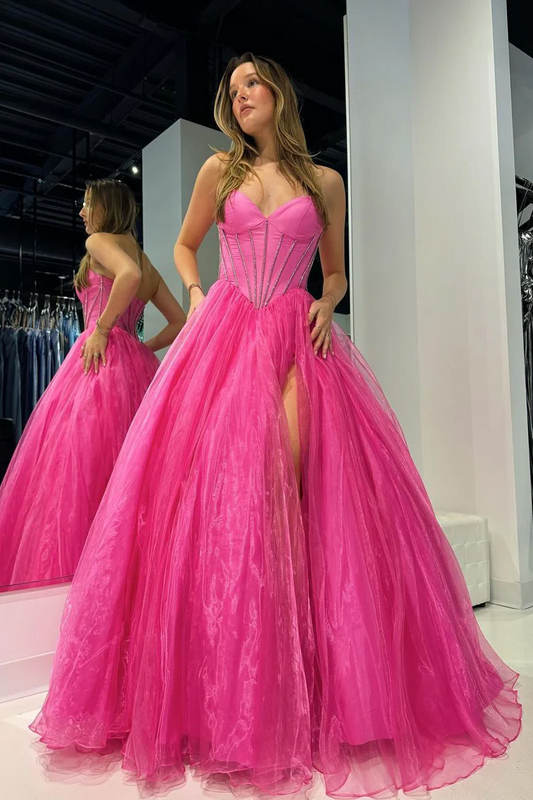 Pink Strapless Organza A-Line Long Prom Dresses