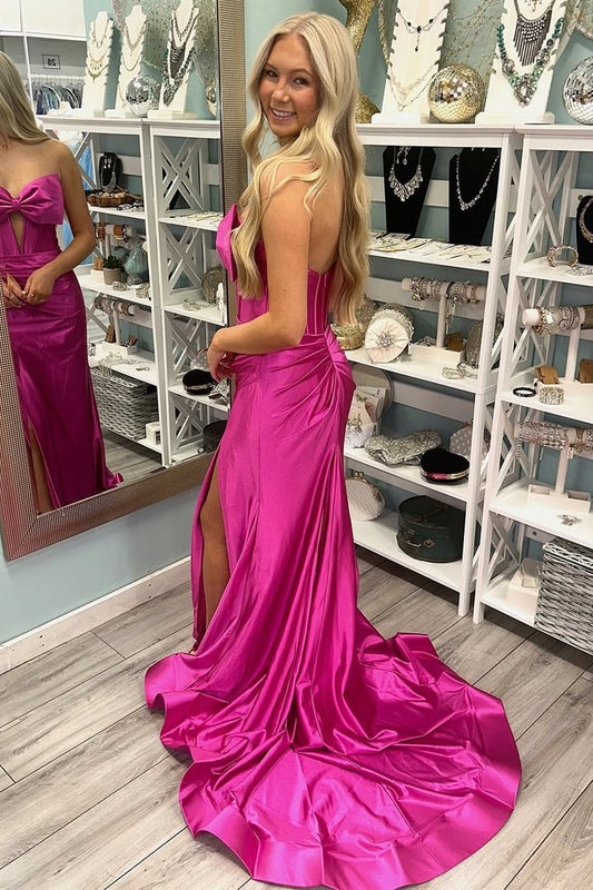 Mermaid Strapless Pink Satin Slit Prom Dresses