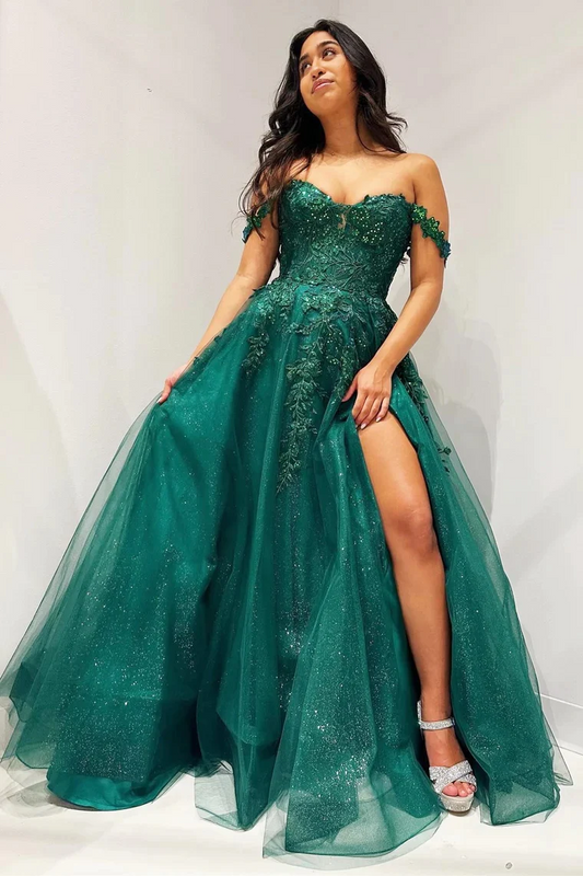 Glitter Emerald Appliques Off-the-Shoulder A-Line Long Prom Dresses