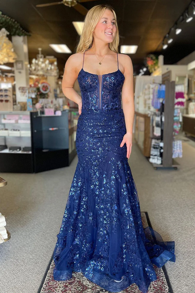 Navy Scoop Neck Sequin Lace Mermaid Long Prom Dresses