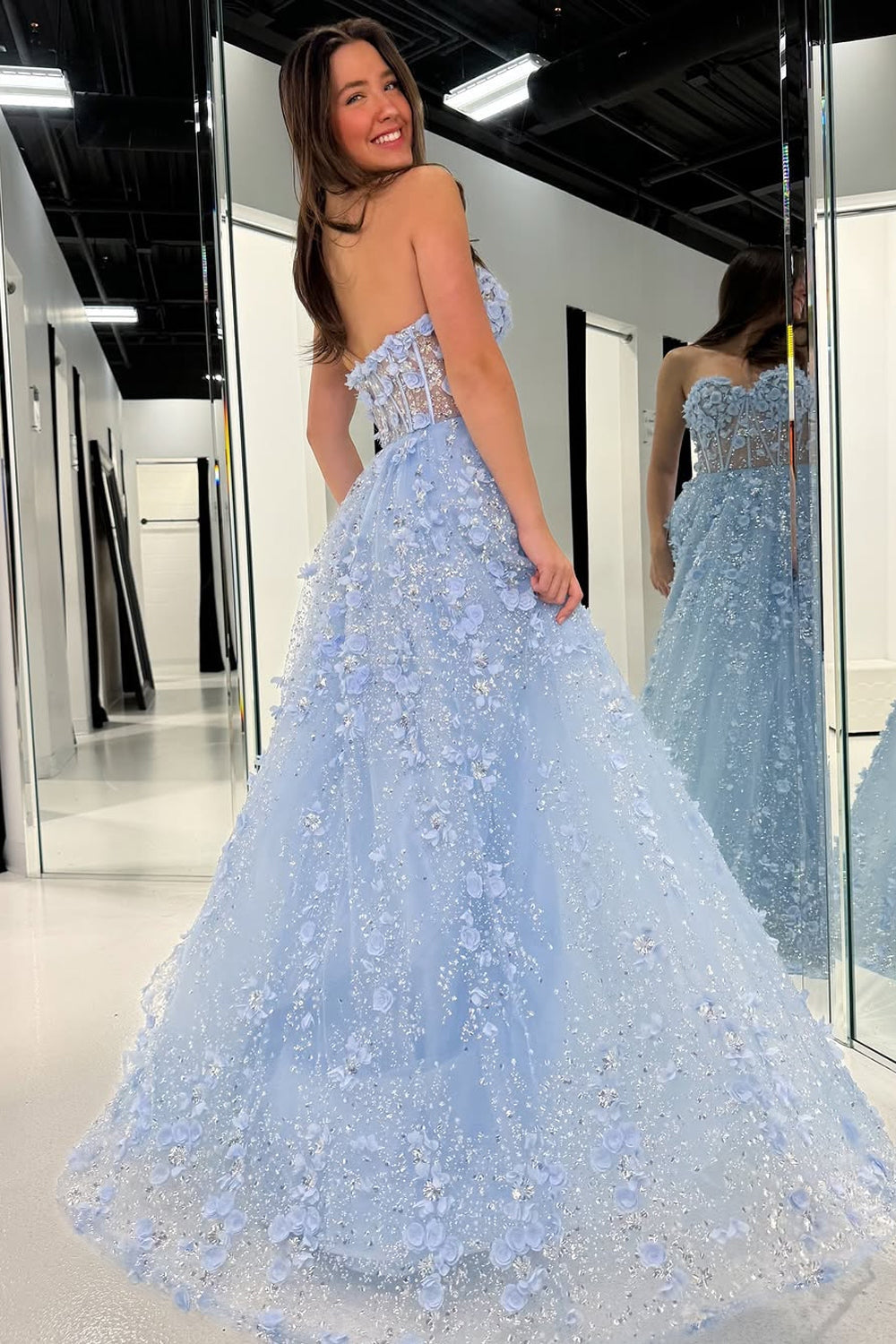 A-Line Strapless Light Blue Sequins Long Prom Dresses