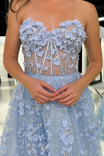 A-Line Strapless Light Blue Sequins Long Prom Dresses