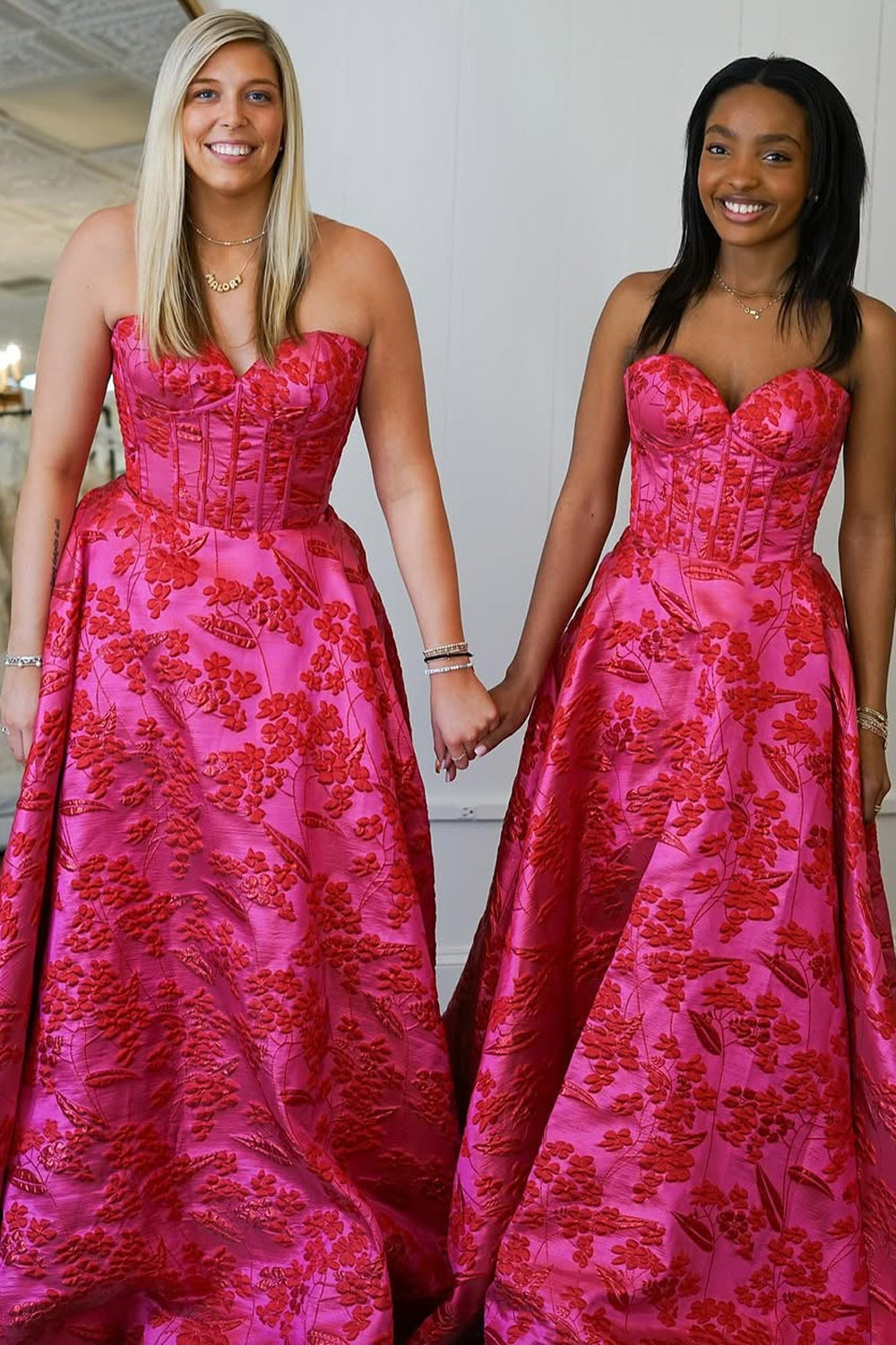 A-Line Strapless Fuchsia Jacquard Satin Long Prom Dresses