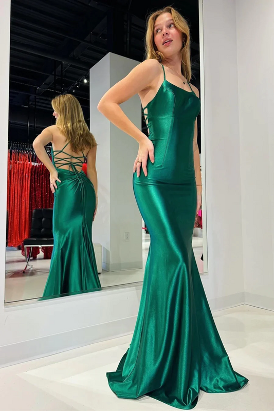 Emerald Scoop Neck Lace-Up Mermaid Long Prom dresses