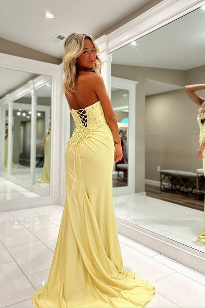 Mermaid Strapless Keyhole Yellow Beading Prom Dresses