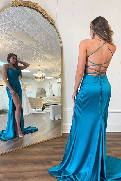 Mermaid Peacock Blue Spaghetti Straps Satin Prom Dresses