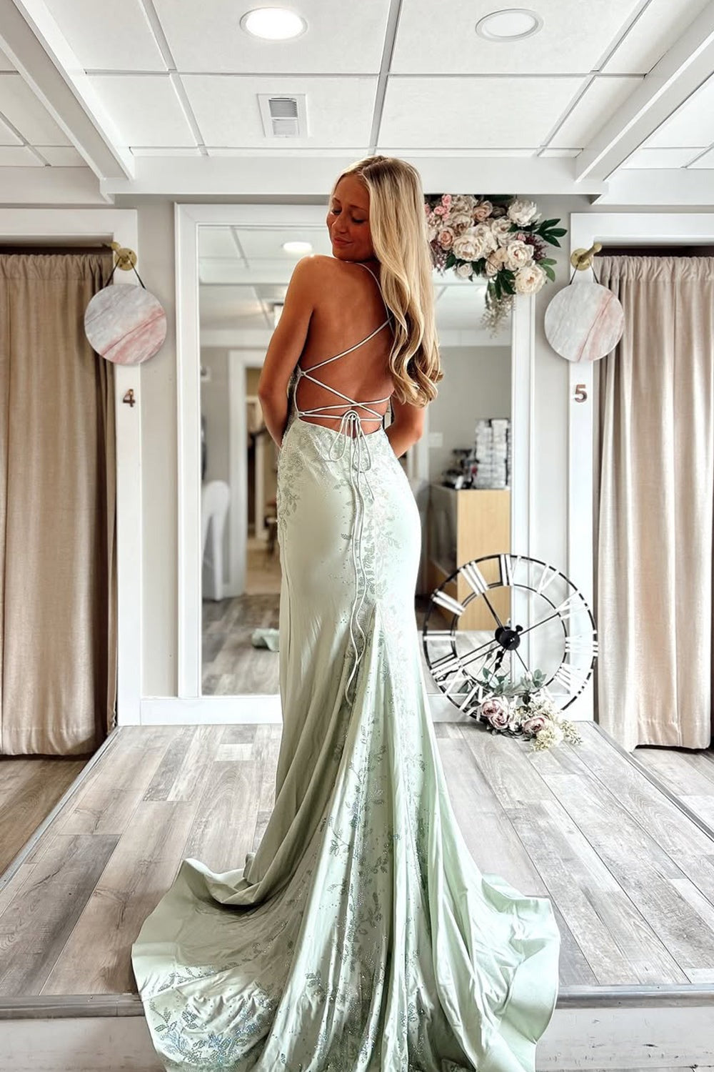 Charming V Neck Slit Long Mermaid Prom Dresses