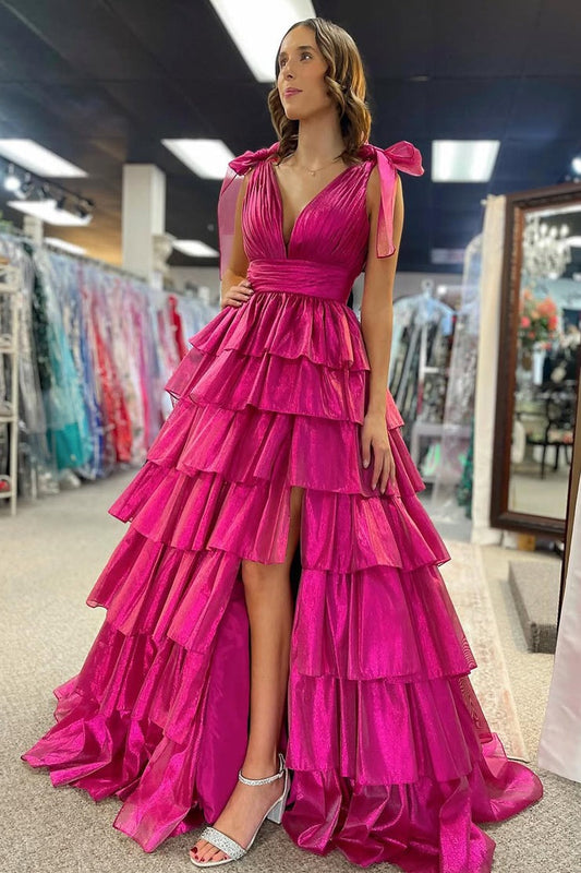 Ball Gown V Neck Fuchsia Organza Tiered Prom Dresses