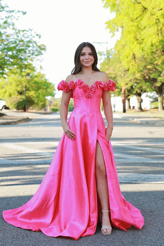 Off the Shoulder Slit Long Pink Satin Prom Dresses