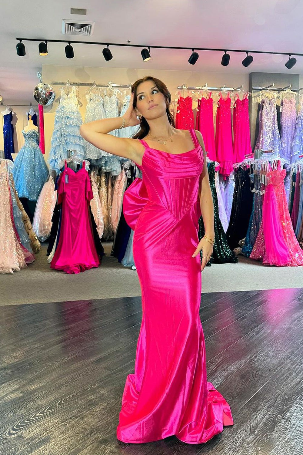 Charming Long Mermaid Straps Fuchsia Satin Prom Dresses