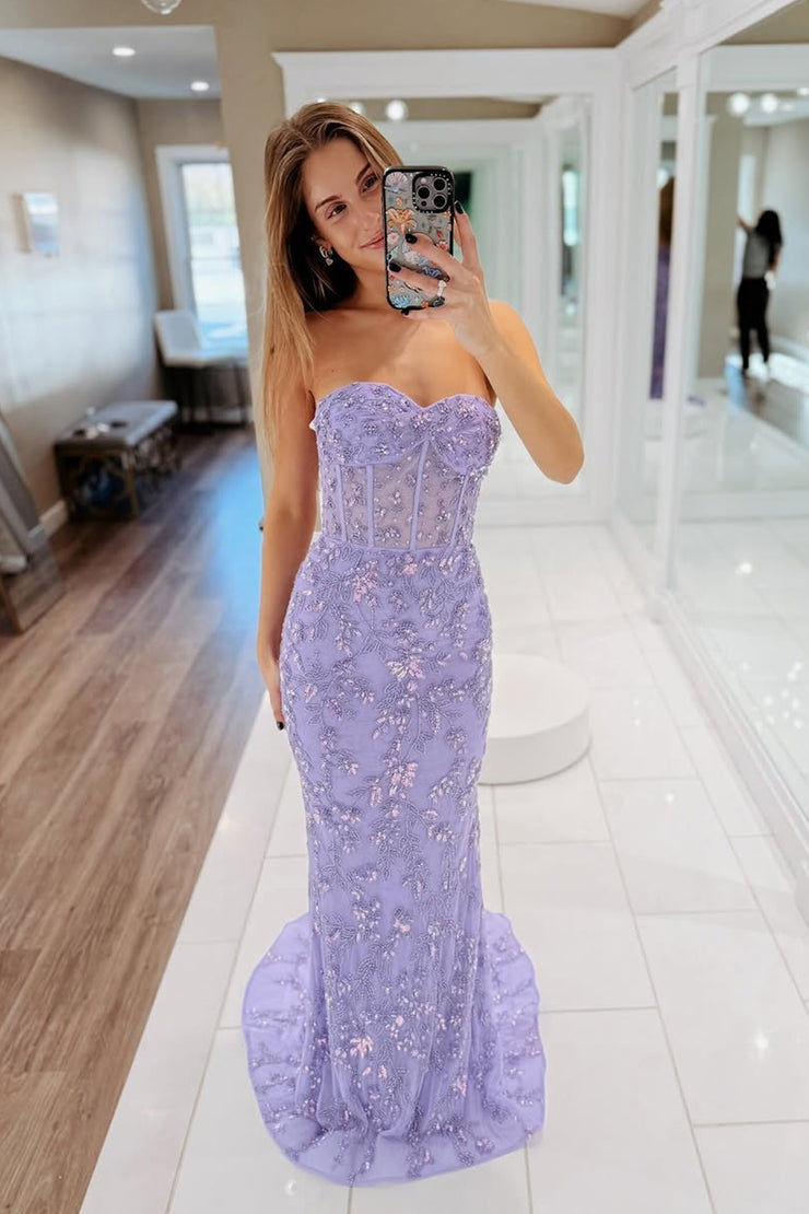 Beaded Mermaid Sweetheart Light Purple Lace Prom dresses