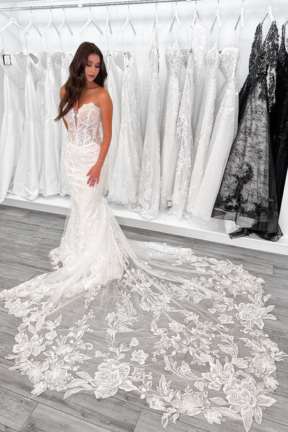 Mermaid V Neck Lace Wedding Dresses with Train