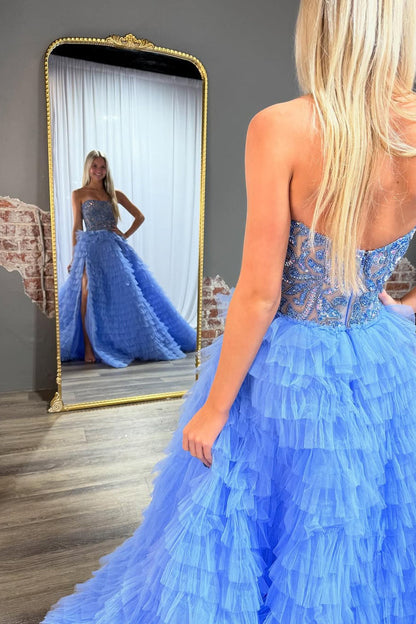 Ball Gown Strapless Blue Tiered Tulle Prom Dresses