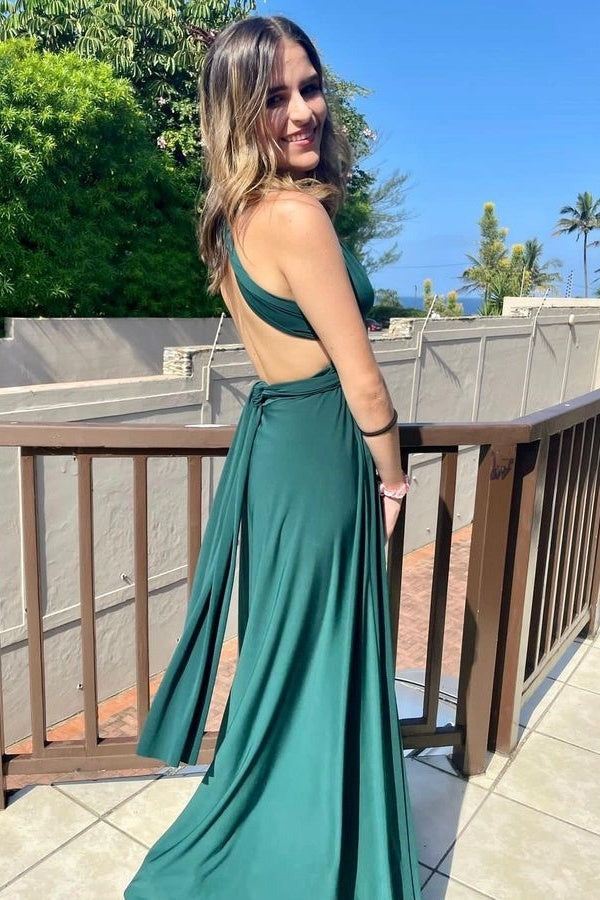 V Neck Green Long Prom Dresses with Criss Cross Back