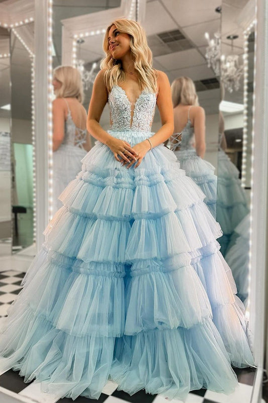 Sky Blue V Neck Ruffle Tiered Tulle Long Prom Dresses