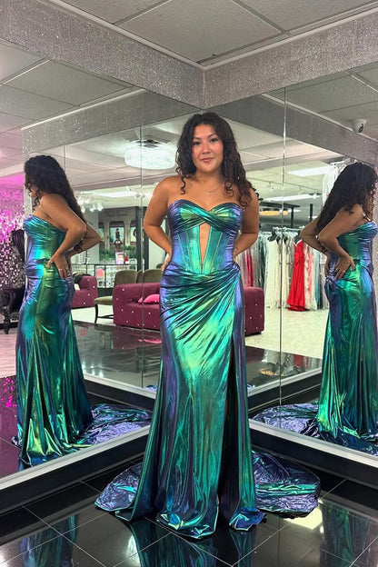 Sweetheart Blue Metallic Satin Slit Mermaid Prom Dresses