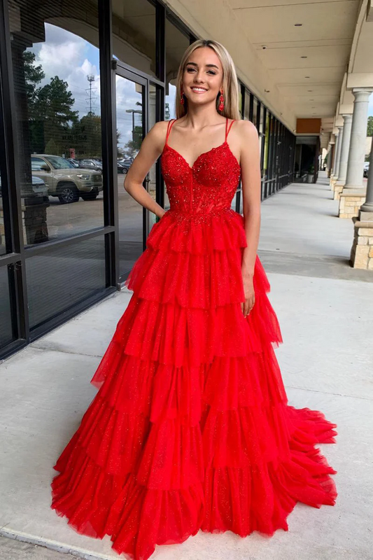 Red Spaghetti Straps Ruffle Tiered Tulle Long Prom Dresses