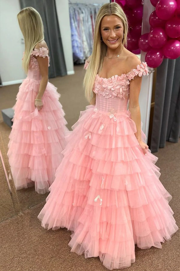 3D Floral Lace Off-the-Shoulder Ruffle Tiered Prom Dresses