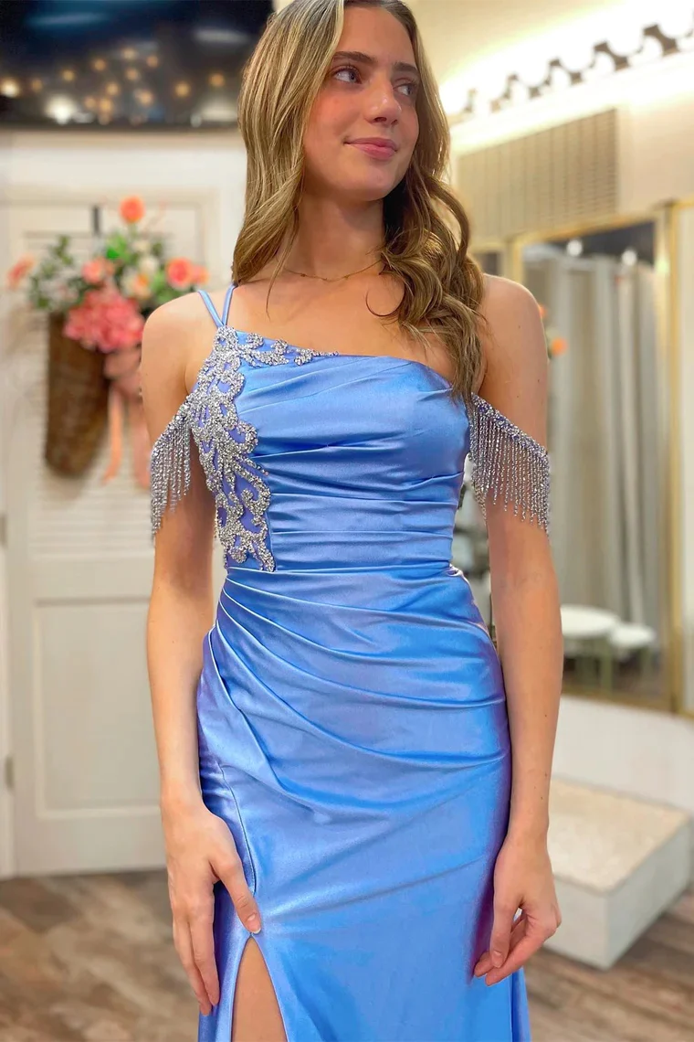 Mermaid One-Shoulder Blue Fringes Long Formal Dresses