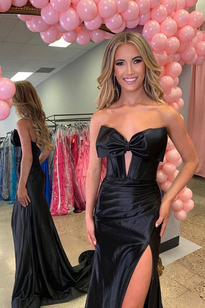 Mermaid Strapless Keyhole Black Satin Long Prom Dresses