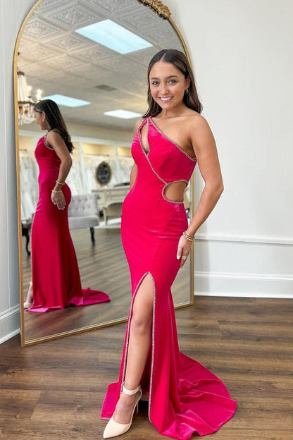 Red Velvet Mermaid Long One Shoulder Prom Dresses,BD93386