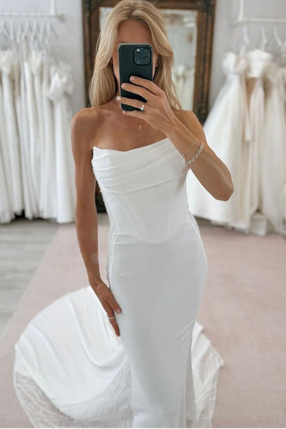 Simple Scoop Neck Satin Long Mermaid Wedding Dresses