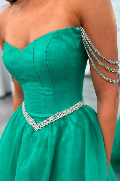 Green Strapless Beaded Straps Organza Long Prom Dresses,BD93383