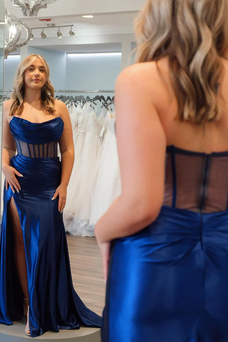 Mermaid Strapless Navy Blue Satin Long Prom Dresses