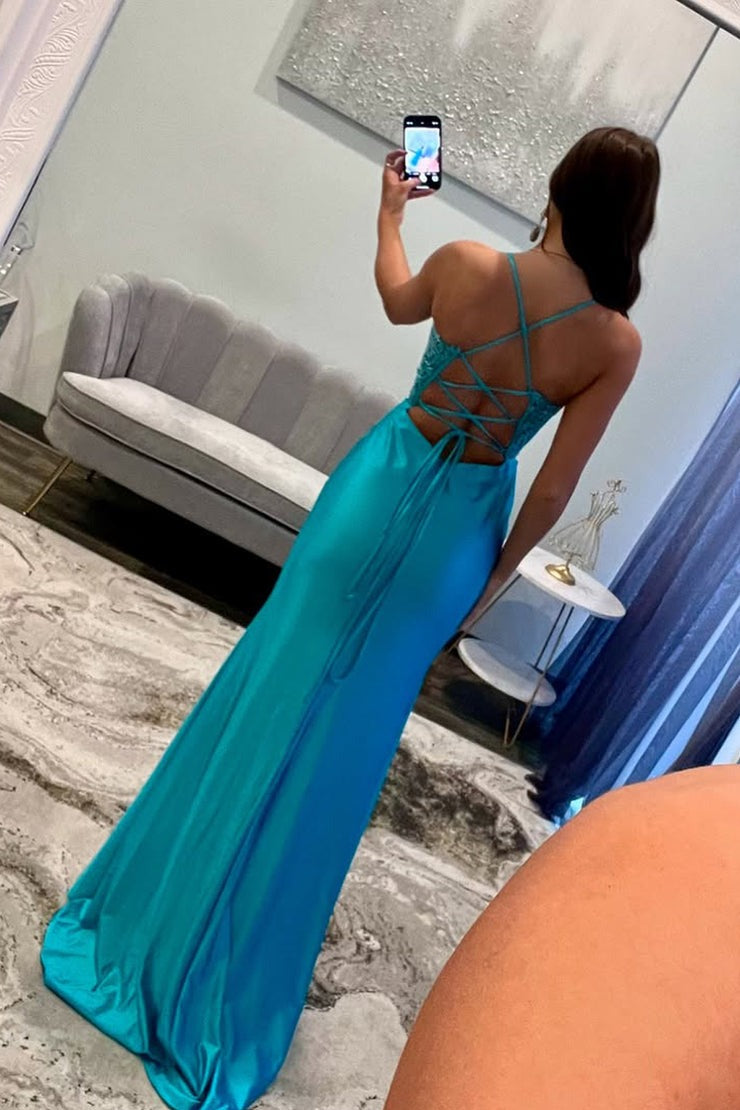 Charming Mermaid Sweetheart Blue Satin Long Prom Dresses