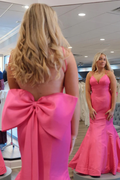 Pink V Neck Satin Mermaid Long Prom Dresses