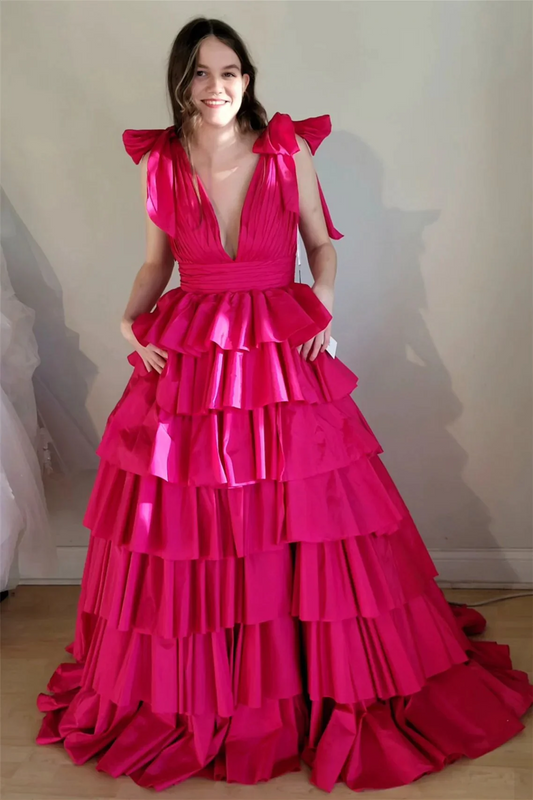 Fuchsia Bow Tie Straps Layers Plunging  Long Prom Dresses