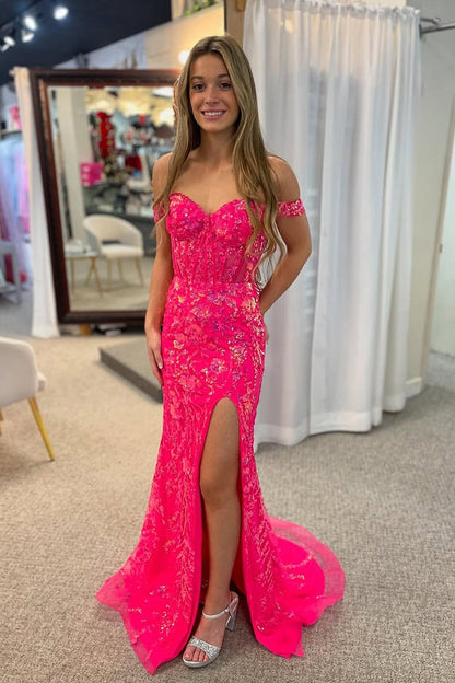 Mermaid Off the Shoulder Hot Pink Sequins Lace Prom Dresses