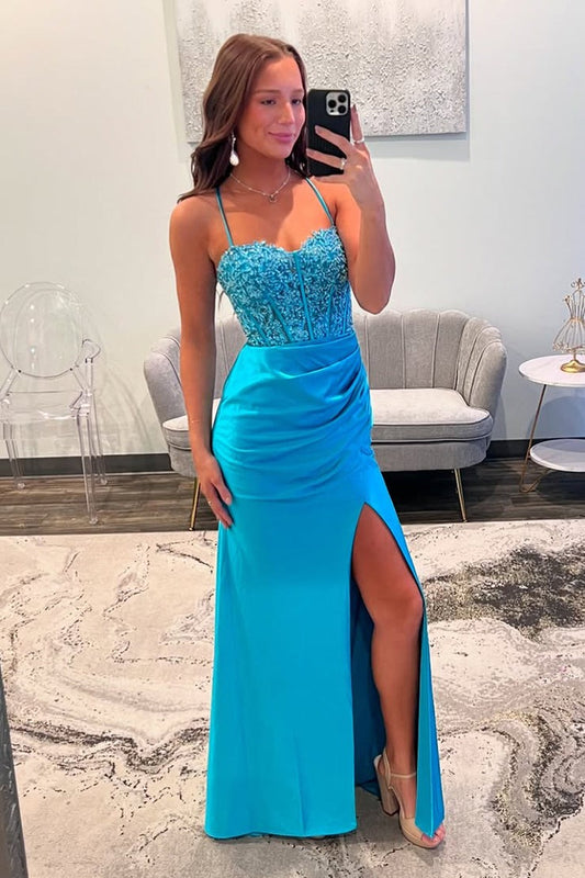 Charming Mermaid Sweetheart Blue Satin Long Prom Dresses