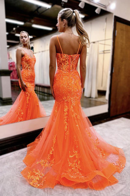 Mermaid Tulle V Neck Straps Orange Sequins with Long Prom Dresses