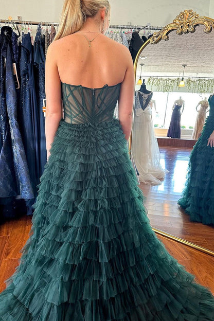 Dark Green Ruffle Tiered Tulle Strapless Long Prom Dresses