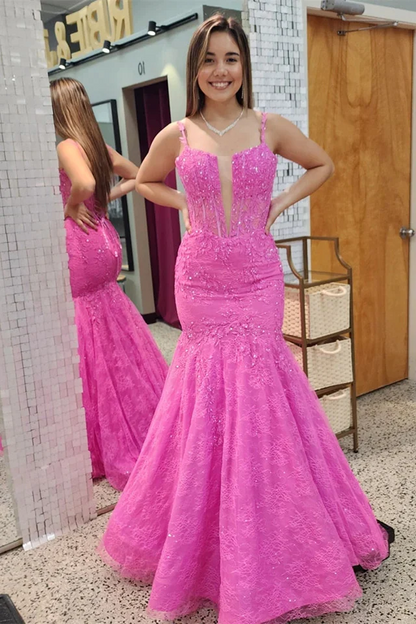 Pink Mermaid Long Appliques Lace Prom Dresses