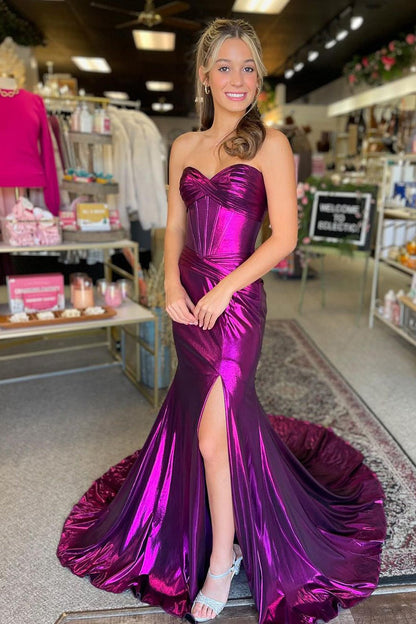 Mermaid Purple Metallic Satin Sweetheart Prom Dresses