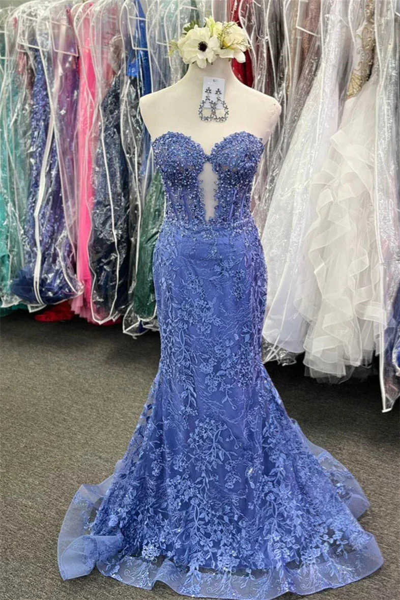 Periwinkle Strapless Floral Mermaid Long Prom Dress,BD930855