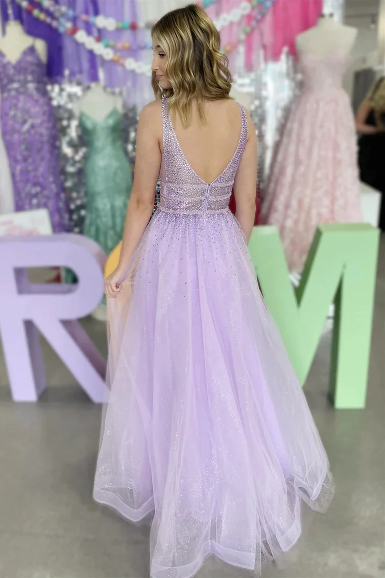 Lavender V Neck Beaded Tulle A-Line Prom Dresses