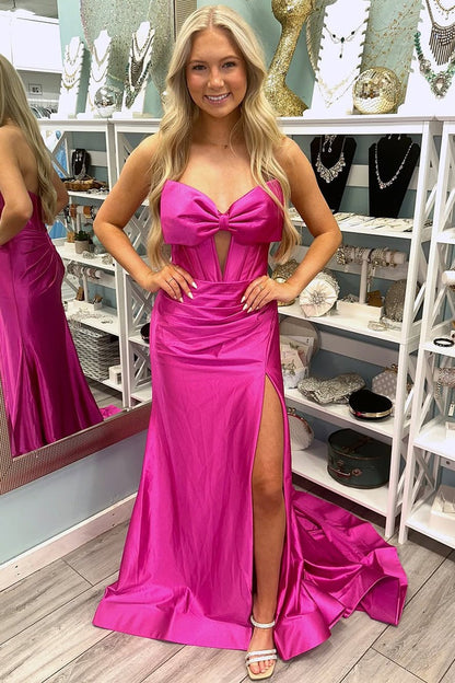 Mermaid Strapless Pink Satin Slit Prom Dresses