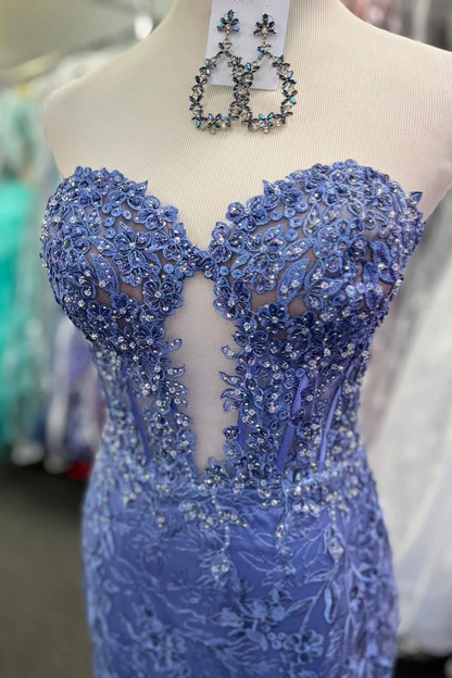 Periwinkle Strapless Floral Mermaid Long Prom Dress,BD930855