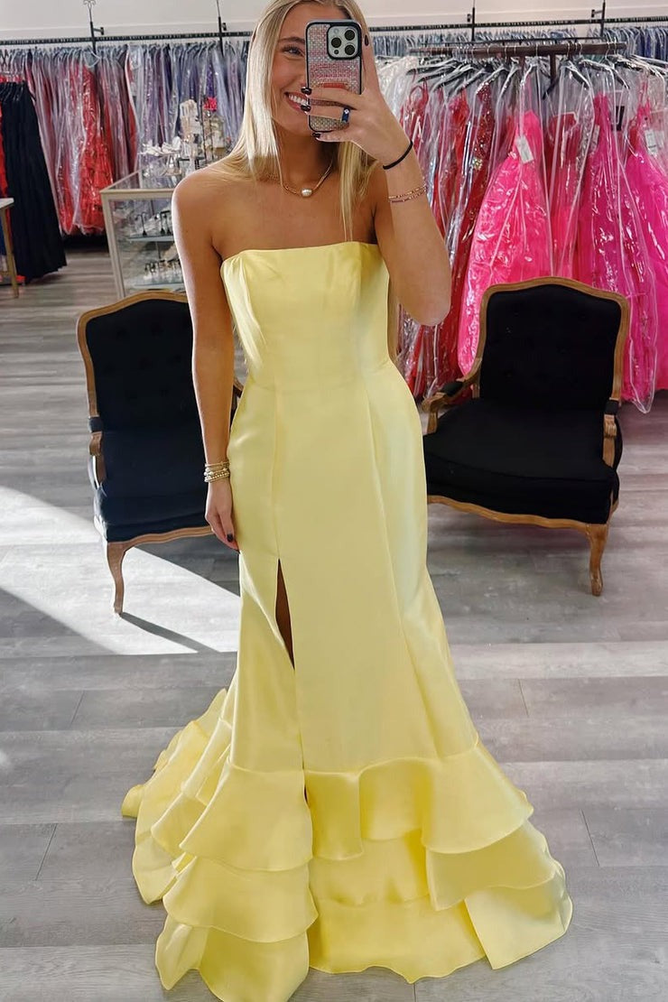 Mermaid Strapless Yellow Satin Tiered Prom Dresses