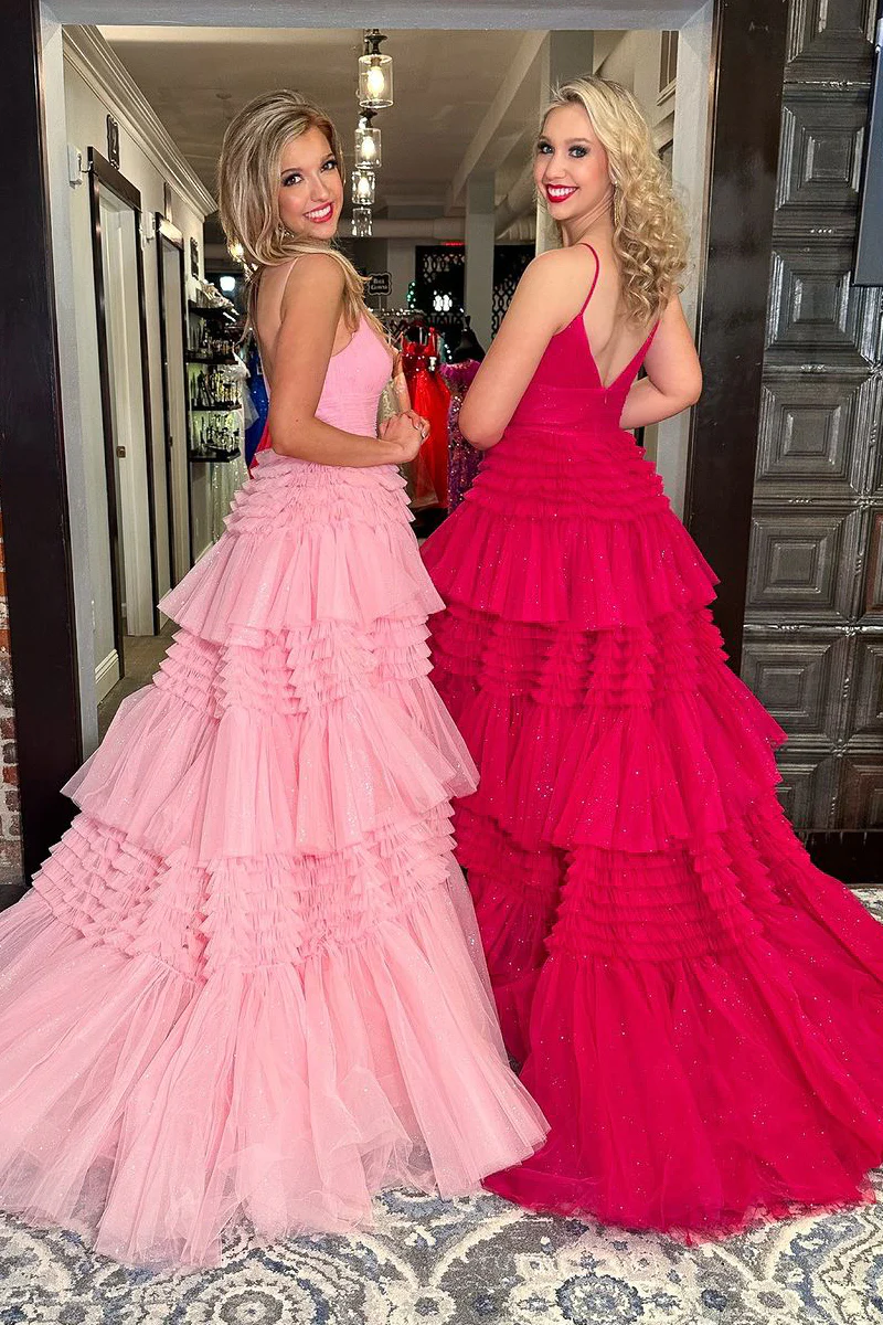 Pink V Neck Tiered Tulle Long Prom Dresses