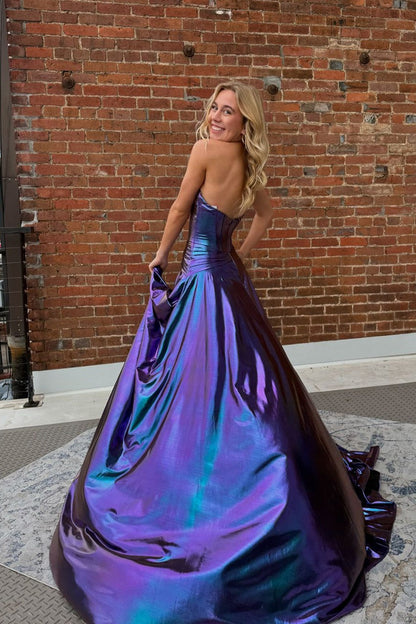 A Line Sweetheart Purple Sparkly Satin Slit Prom Dresses