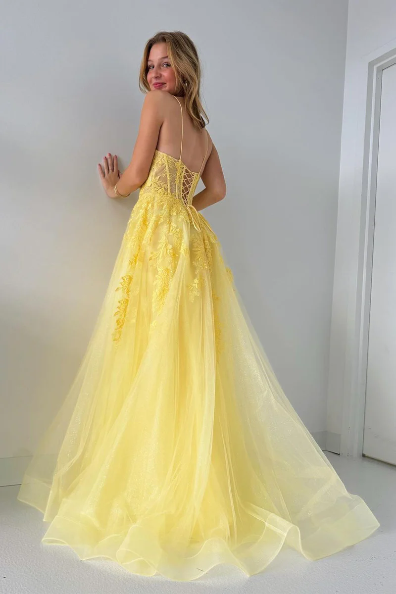 A-Line V Neck Yellow Tulle Lace Long Prom Dresses