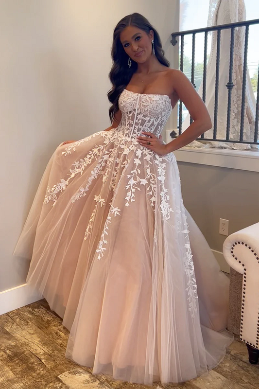 A-Line Champagne Tulle Strapless Long Prom Dresses