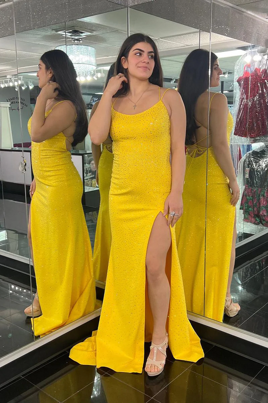 Beaded Scoop Neck Long Yellow Prom Dresses