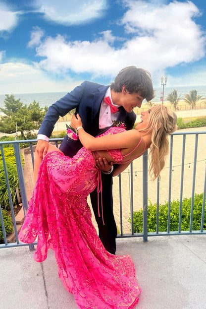 V Neck Pink Sequins Long Mermaid Prom Dresses